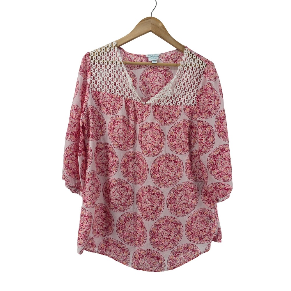 Calypso St. Barth Blouse Women M Silk Medallion Pink Crochet Lace Yoke EXCELLENT